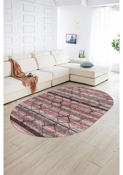 Dijital Kaymaz Yıkanabilir Modern Desen Oval Yolluk Mutfak Salon Halısı, N-O-Modern-85-Pembe,