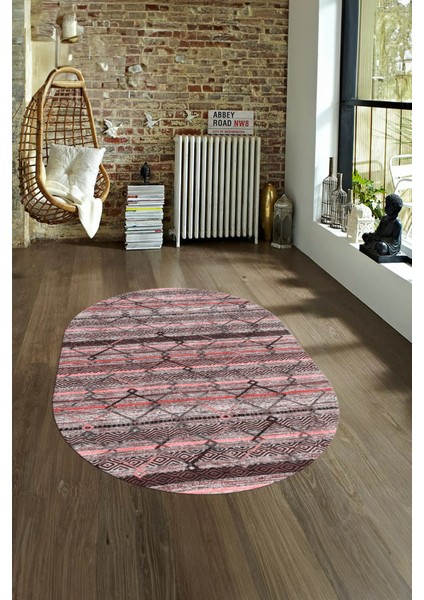 Dijital Kaymaz Yıkanabilir Modern Desen Oval Yolluk Mutfak Salon Halısı, N-O-Modern-85-Pembe,