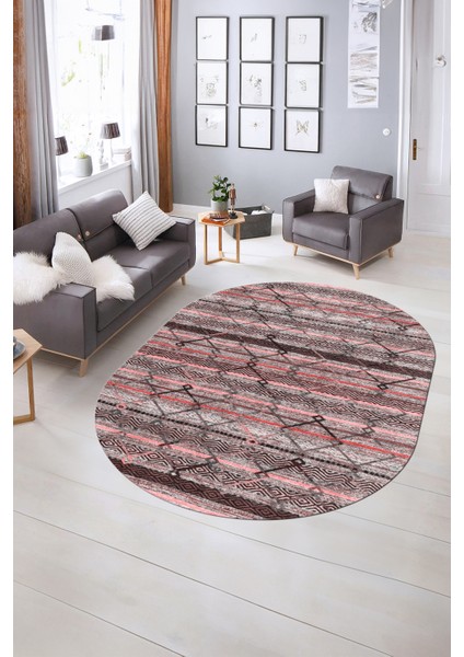 Dijital Kaymaz Yıkanabilir Modern Desen Oval Yolluk Mutfak Salon Halısı, N-O-Modern-85-Pembe,