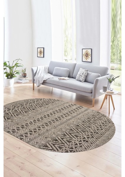 Dijital Kaymaz Yıkanabilir Modern Desen Oval Yolluk Mutfak Salon Halısı, N-O-Modern-86-Krem,