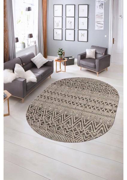 Dijital Kaymaz Yıkanabilir Modern Desen Oval Yolluk Mutfak Salon Halısı, N-O-Modern-86-Krem, indirimleri