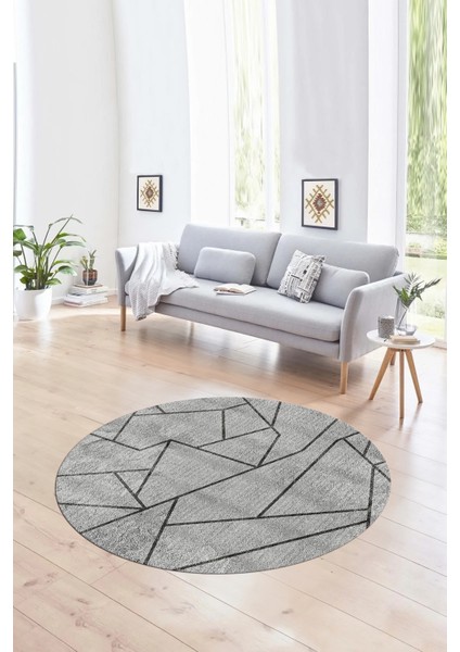 Dijital Kaymaz Taban Yıkanabilir Modern Desen Yuvarlak Mutfak Salon Halısı, N-Y-MODERN-117-GRİ,