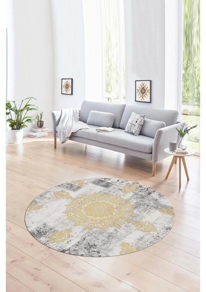 Dijital Kaymaz Taban Yıkanabilir Modern Desen Yuvarlak Mutfak Salon Halısı, N-Y-Modern-45-Krem,