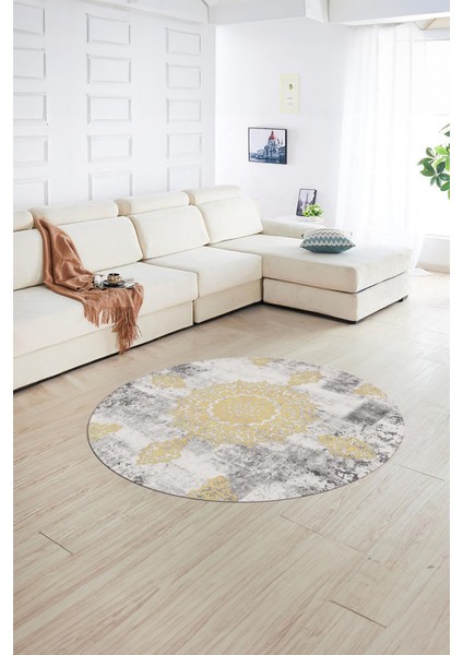 Dijital Kaymaz Taban Yıkanabilir Modern Desen Yuvarlak Mutfak Salon Halısı, N-Y-Modern-45-Krem,