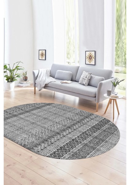 Dijital Kaymaz Yıkanabilir Modern Desen Oval Yolluk Mutfak Salon Halısı, N-O-Modern-70-Gri,