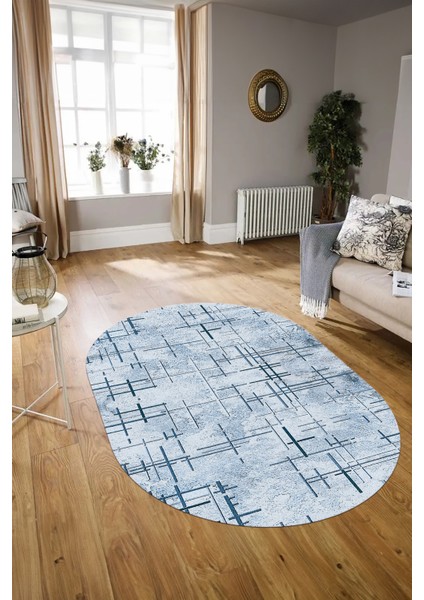 Dijital Kaymaz Yıkanabilir Modern Desen Oval Yolluk Mutfak Salon Halısı, N-O-Modern-89-Mavi, modelleri