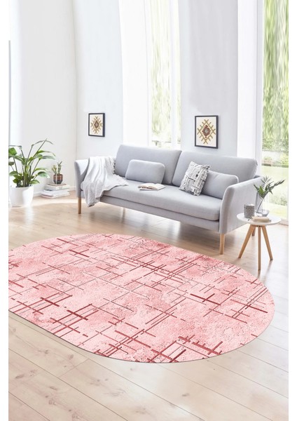 Dijital Kaymaz Yıkanabilir Modern Desen Oval Yolluk Mutfak Salon Halısı, N-O-Modern-89-Pembe,