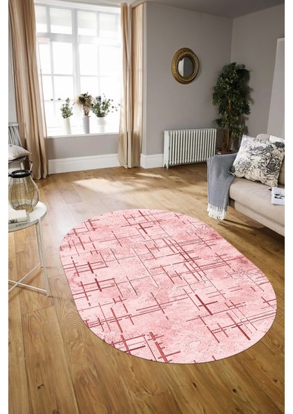 Dijital Kaymaz Yıkanabilir Modern Desen Oval Yolluk Mutfak Salon Halısı, N-O-Modern-89-Pembe, modelleri