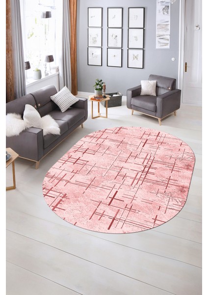 Dijital Kaymaz Yıkanabilir Modern Desen Oval Yolluk Mutfak Salon Halısı, N-O-Modern-89-Pembe, indirimleri
