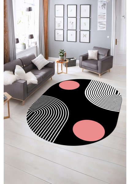 Dijital Kaymaz Yıkanabilir Modern Desen Oval Yolluk Mutfak Salon Halısı, N-O-Modern-52-Pembe, indirimleri