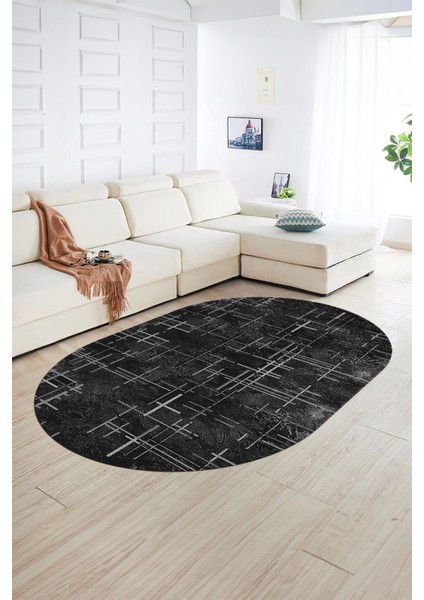 Dijital Kaymaz Yıkanabilir Modern Desen Oval Yolluk Mutfak Salon Halısı, N-O-Modern-89-Siyah,