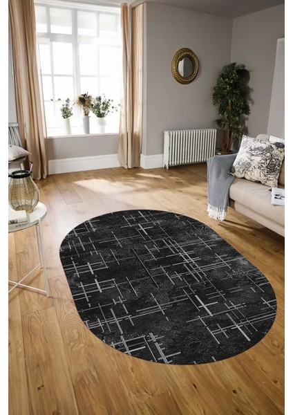 Dijital Kaymaz Yıkanabilir Modern Desen Oval Yolluk Mutfak Salon Halısı, N-O-Modern-89-Siyah,