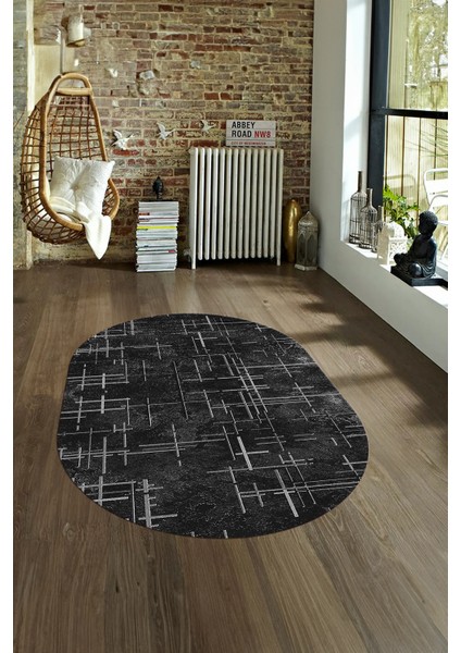 Dijital Kaymaz Yıkanabilir Modern Desen Oval Yolluk Mutfak Salon Halısı, N-O-Modern-89-Siyah,