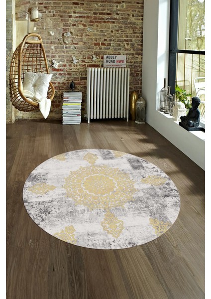 Dijital Kaymaz Taban Yıkanabilir Modern Desen Yuvarlak Mutfak Salon Halısı, N-Y-Modern-45-Krem,