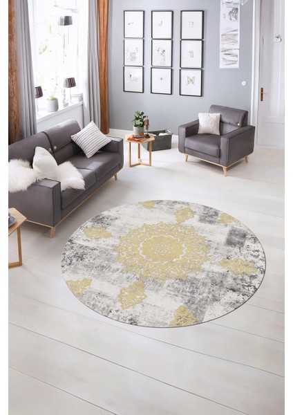 Dijital Kaymaz Taban Yıkanabilir Modern Desen Yuvarlak Mutfak Salon Halısı, N-Y-Modern-45-Krem,