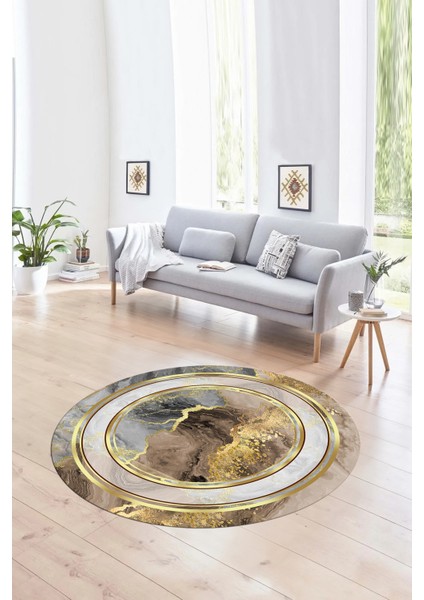 Dijital Kaymaz Taban Yıkanabilir Modern Desen Yuvarlak Mutfak Salon Halısı, N-Y-Modern-46-Gold,