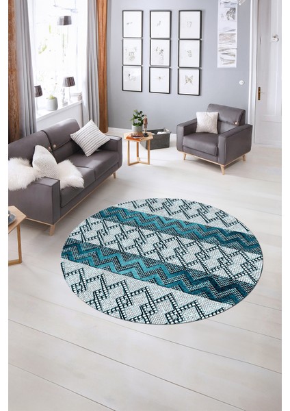 Dijital Kaymaz Taban Yıkanabilir Modern Desen Yuvarlak Mutfak Salon Halısı, N-Y-Modern-56-Mavi, indirimleri