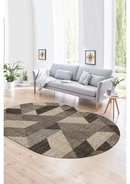 Dijital Kaymaz Yıkanabilir Modern Desen Oval Yolluk Mutfak Salon Halısı, N-O-Modern-96-Bej,