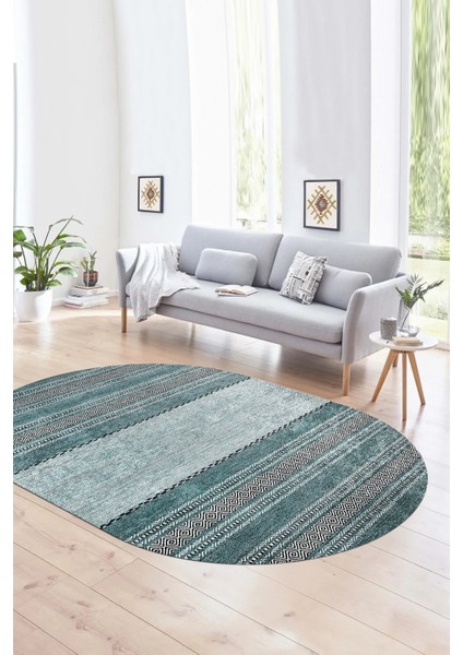 Dijital Kaymaz Yıkanabilir Modern Desen Oval Yolluk Mutfak Salon Halısı, N-O-Modern-83-Turkuaz,