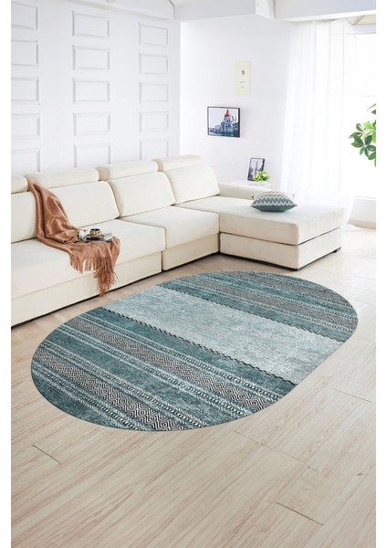 Dijital Kaymaz Yıkanabilir Modern Desen Oval Yolluk Mutfak Salon Halısı, N-O-Modern-83-Turkuaz, fiyatları