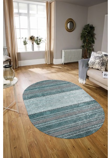 Dijital Kaymaz Yıkanabilir Modern Desen Oval Yolluk Mutfak Salon Halısı, N-O-Modern-83-Turkuaz, modelleri