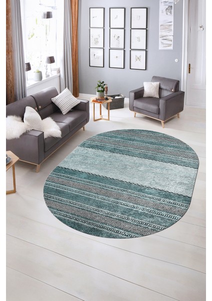 Dijital Kaymaz Yıkanabilir Modern Desen Oval Yolluk Mutfak Salon Halısı, N-O-Modern-83-Turkuaz, indirimleri