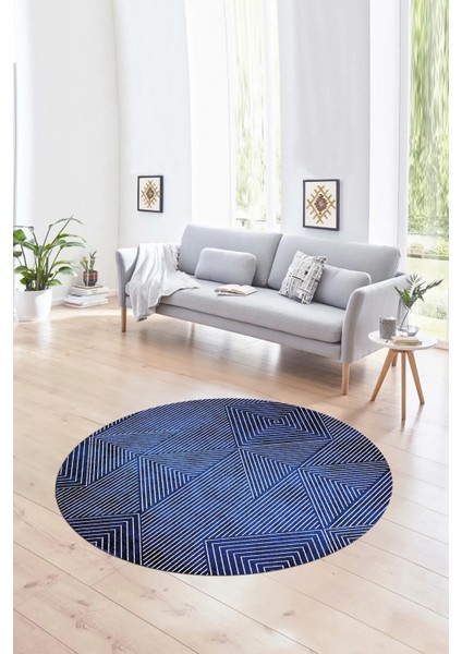 Dijital Kaymaz Taban Yıkanabilir Modern Desen Yuvarlak Mutfak Salon Halısı, N-Y-MODERN-111-MAVİ,