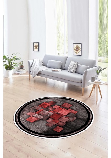 Dijital Kaymaz Taban Yıkanabilir Modern Desen Yuvarlak Mutfak Salon Halısı, N-Y-Modern-13-Kırmızı,