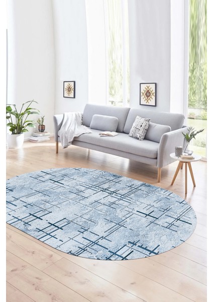 Dijital Kaymaz Yıkanabilir Modern Desen Oval Yolluk Mutfak Salon Halısı, N-O-Modern-89-Mavi,