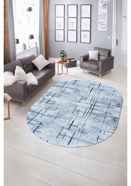 Dijital Kaymaz Yıkanabilir Modern Desen Oval Yolluk Mutfak Salon Halısı, N-O-Modern-89-Mavi, indirimleri