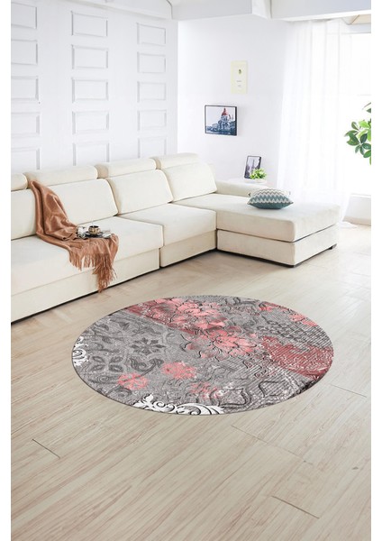 Dijital Kaymaz Taban Yıkanabilir Modern Desen Yuvarlak Mutfak Salon Halısı, N-Y-Modern-15-Pembe,