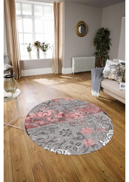 Dijital Kaymaz Taban Yıkanabilir Modern Desen Yuvarlak Mutfak Salon Halısı, N-Y-Modern-15-Pembe,