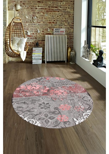 Dijital Kaymaz Taban Yıkanabilir Modern Desen Yuvarlak Mutfak Salon Halısı, N-Y-Modern-15-Pembe,