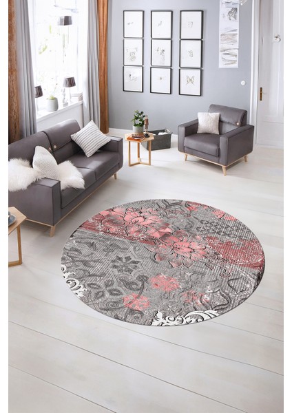 Dijital Kaymaz Taban Yıkanabilir Modern Desen Yuvarlak Mutfak Salon Halısı, N-Y-Modern-15-Pembe,
