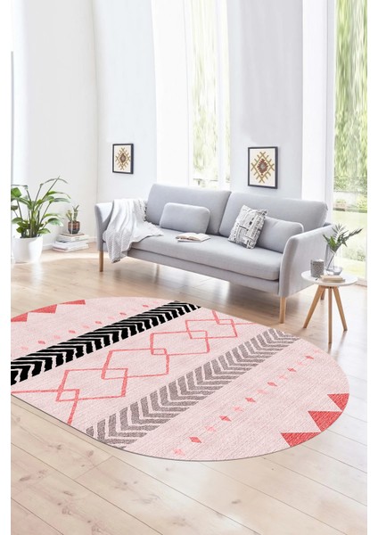 Dijital Kaymaz Yıkanabilir Modern Desen Oval Yolluk Mutfak Salon Halısı, N-O-Modern-75-Pembe,