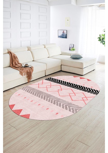 Dijital Kaymaz Yıkanabilir Modern Desen Oval Yolluk Mutfak Salon Halısı, N-O-Modern-75-Pembe,