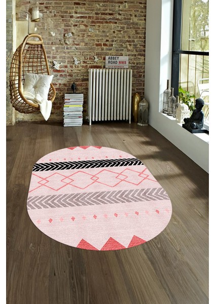 Dijital Kaymaz Yıkanabilir Modern Desen Oval Yolluk Mutfak Salon Halısı, N-O-Modern-75-Pembe,