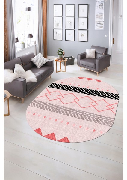 Dijital Kaymaz Yıkanabilir Modern Desen Oval Yolluk Mutfak Salon Halısı, N-O-Modern-75-Pembe,