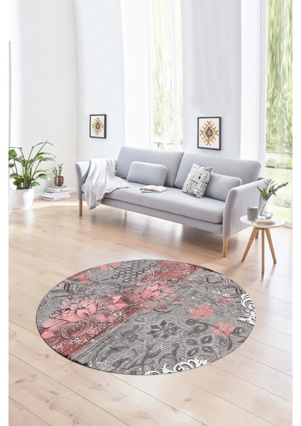 Dijital Kaymaz Taban Yıkanabilir Modern Desen Yuvarlak Mutfak Salon Halısı, N-Y-Modern-15-Pembe,