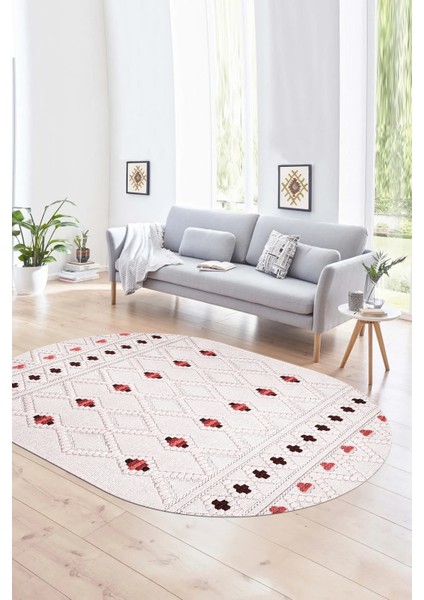 Dijital Kaymaz Yıkanabilir Modern Desen Oval Yolluk Mutfak Salon Halısı, N-O-Modern-65-Pembe,