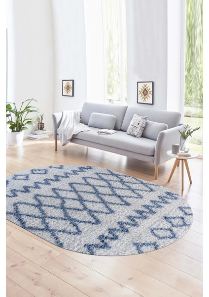 Dijital Kaymaz Yıkanabilir Modern Desen Oval Yolluk Mutfak Salon Halısı, N-O-Modern-92-Mavi,