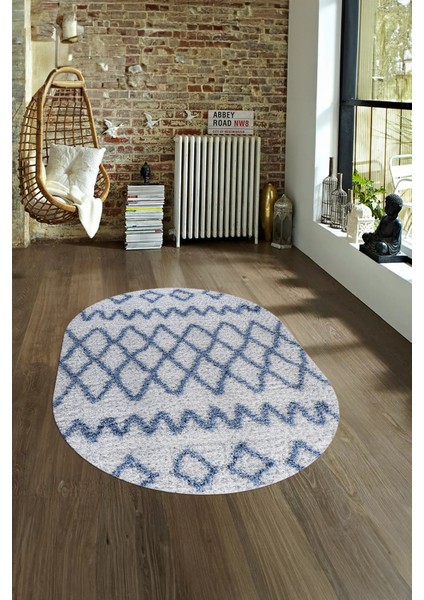 Dijital Kaymaz Yıkanabilir Modern Desen Oval Yolluk Mutfak Salon Halısı, N-O-Modern-92-Mavi,