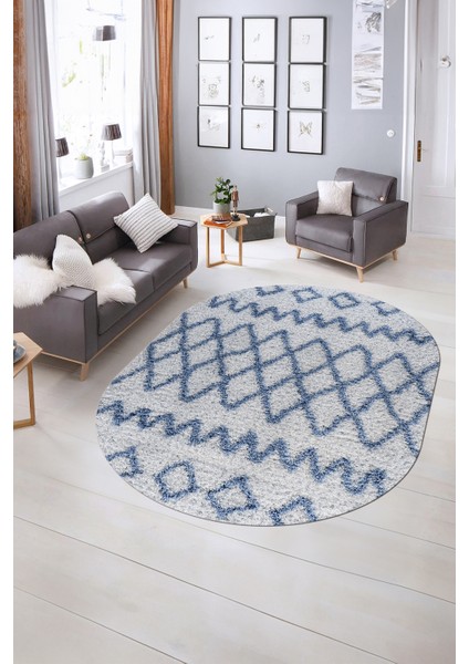 Dijital Kaymaz Yıkanabilir Modern Desen Oval Yolluk Mutfak Salon Halısı, N-O-Modern-92-Mavi,