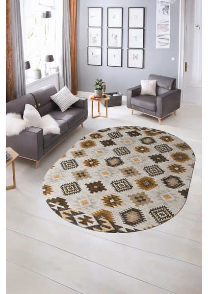 Dijital Kaymaz Yıkanabilir Modern Desen Oval Yolluk Mutfak Salon Halısı, N-O-Modern-99-Kahve, indirimleri