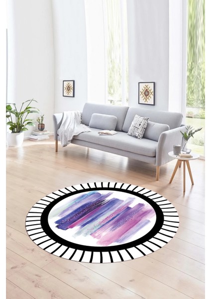 Dijital Kaymaz Taban Yıkanabilir Modern Desen Yuvarlak Mutfak Salon Halısı, N-Y-Modern-22-Mor,