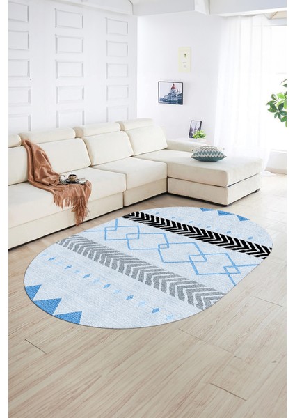 Dijital Kaymaz Yıkanabilir Modern Desen Oval Yolluk Mutfak Salon Halısı, N-O-Modern-75-Mavi, fiyatları