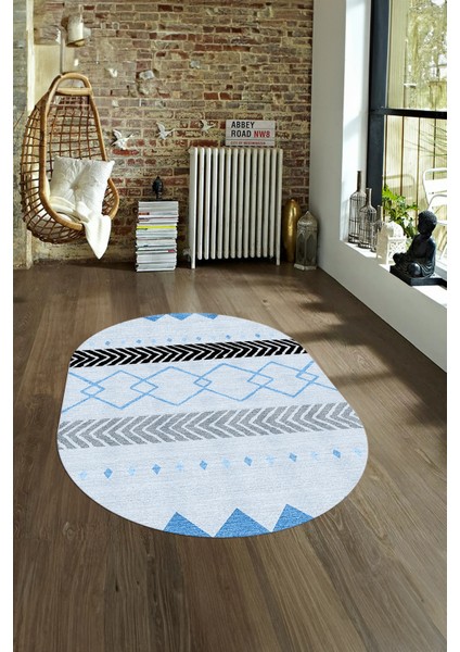 Dijital Kaymaz Yıkanabilir Modern Desen Oval Yolluk Mutfak Salon Halısı, N-O-Modern-75-Mavi, fırsatları