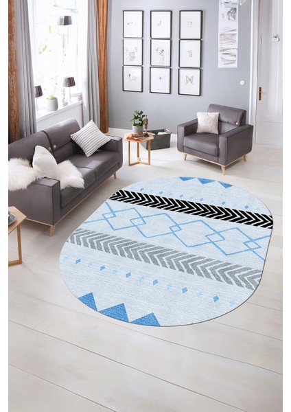 Dijital Kaymaz Yıkanabilir Modern Desen Oval Yolluk Mutfak Salon Halısı, N-O-Modern-75-Mavi, indirimleri