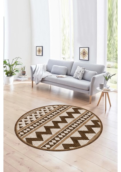 Dijital Kaymaz Taban Yıkanabilir Modern Desen Yuvarlak Mutfak Salon Halısı, N-Y-MODERN-105-KAHVE,