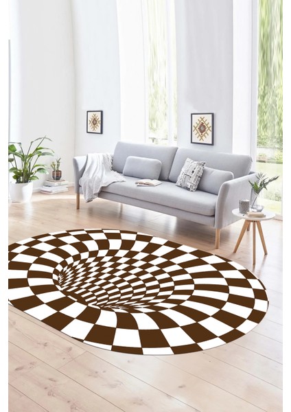 Dijital Kaymaz Yıkanabilir Modern Desen Oval Yolluk Mutfak Salon Halısı, N-O-Modern-78-Kahve,